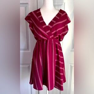 Monteau Faux Wrap Lg Stripe V Neck Midi Dress w/ Flutter Sleeve. Size Large